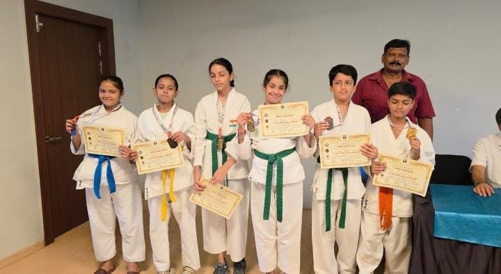 Photo accompanying the report: Rewa karate players at the national championship